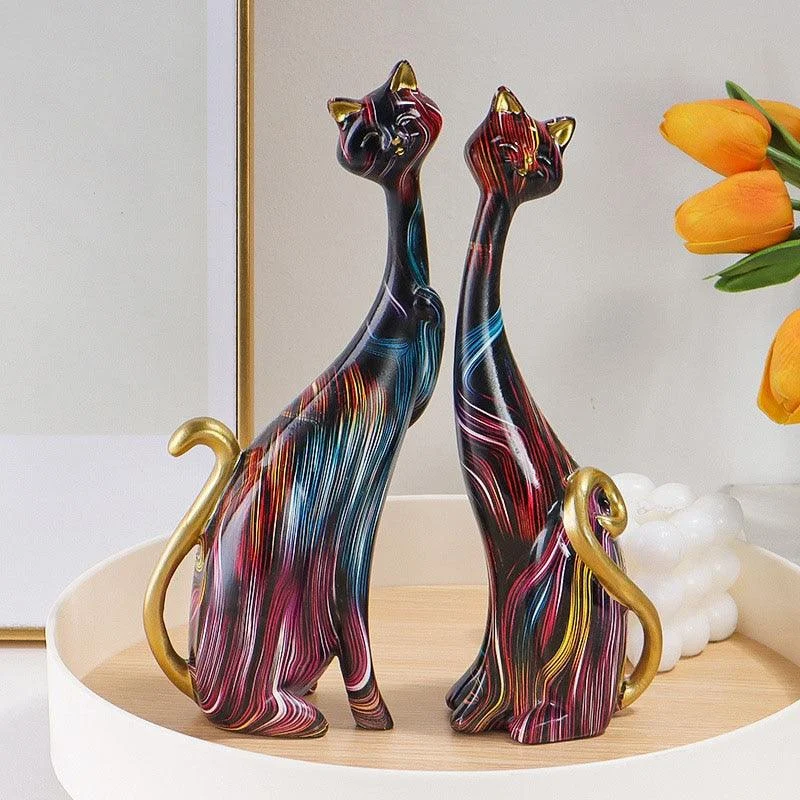 Oil Painted Couple Cat Home Decor Sculpture -