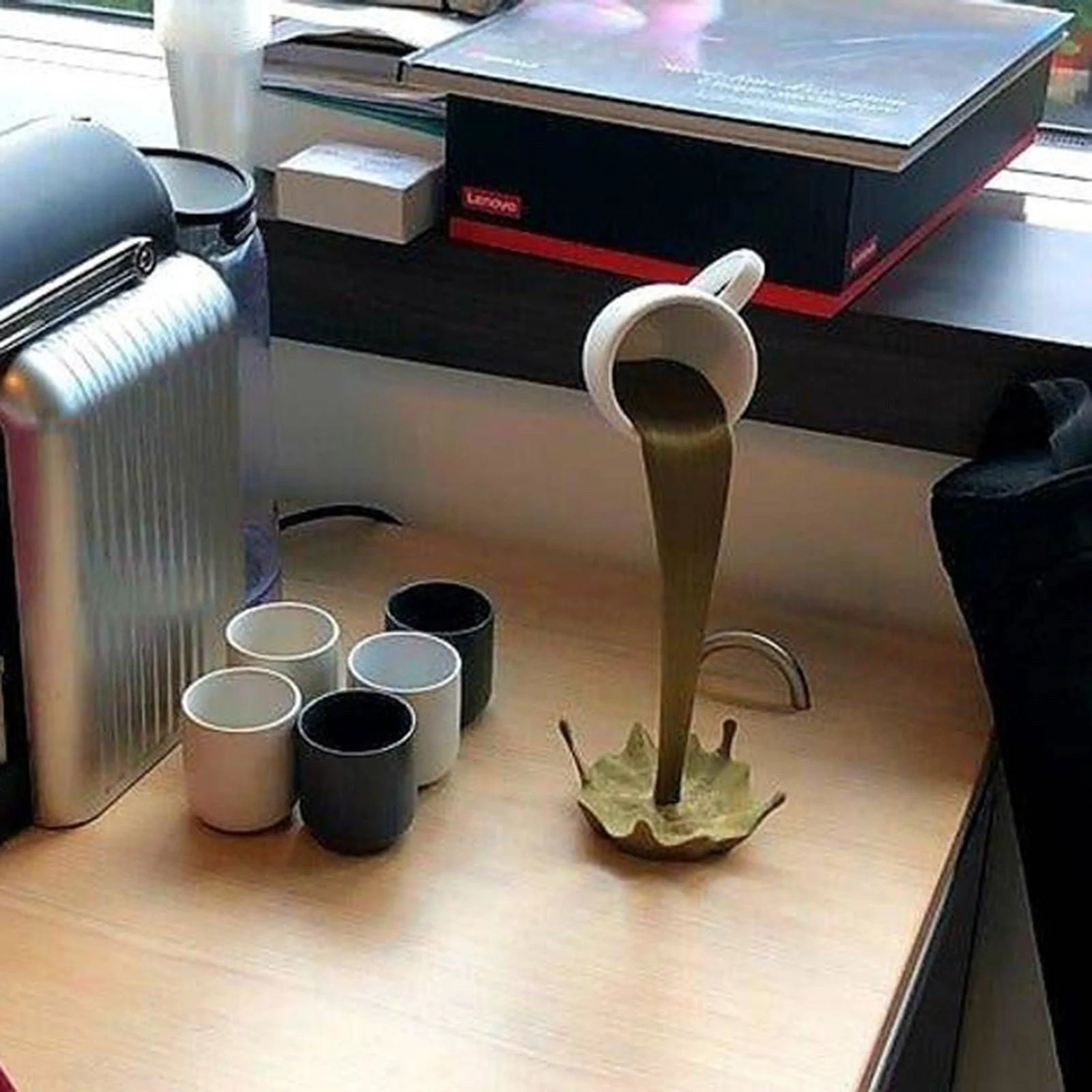 Original Floating Spilling Coffee Cup Sculpture -