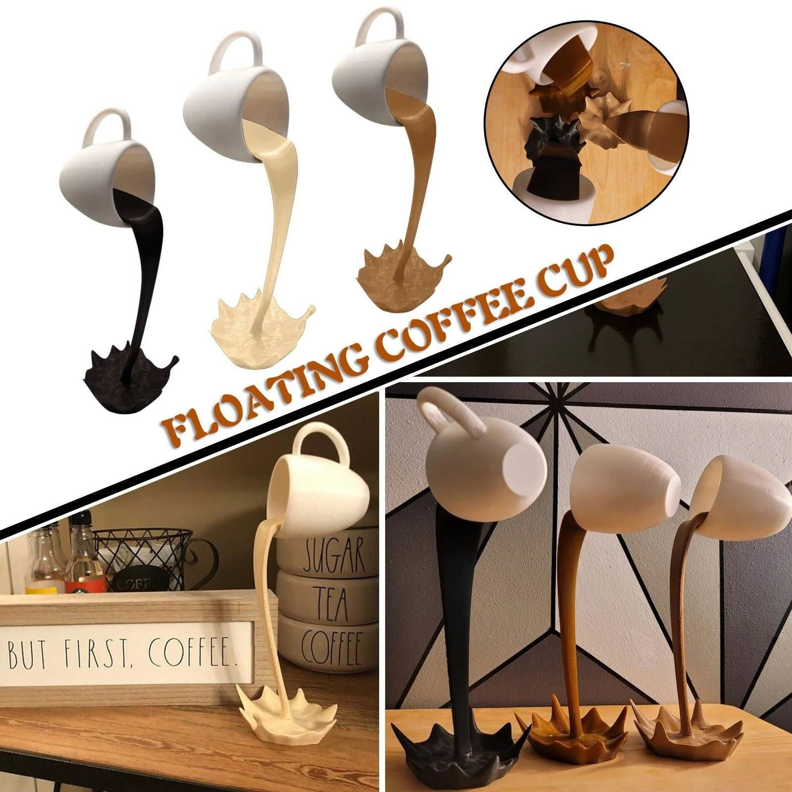 Original Floating Spilling Coffee Cup Sculpture -