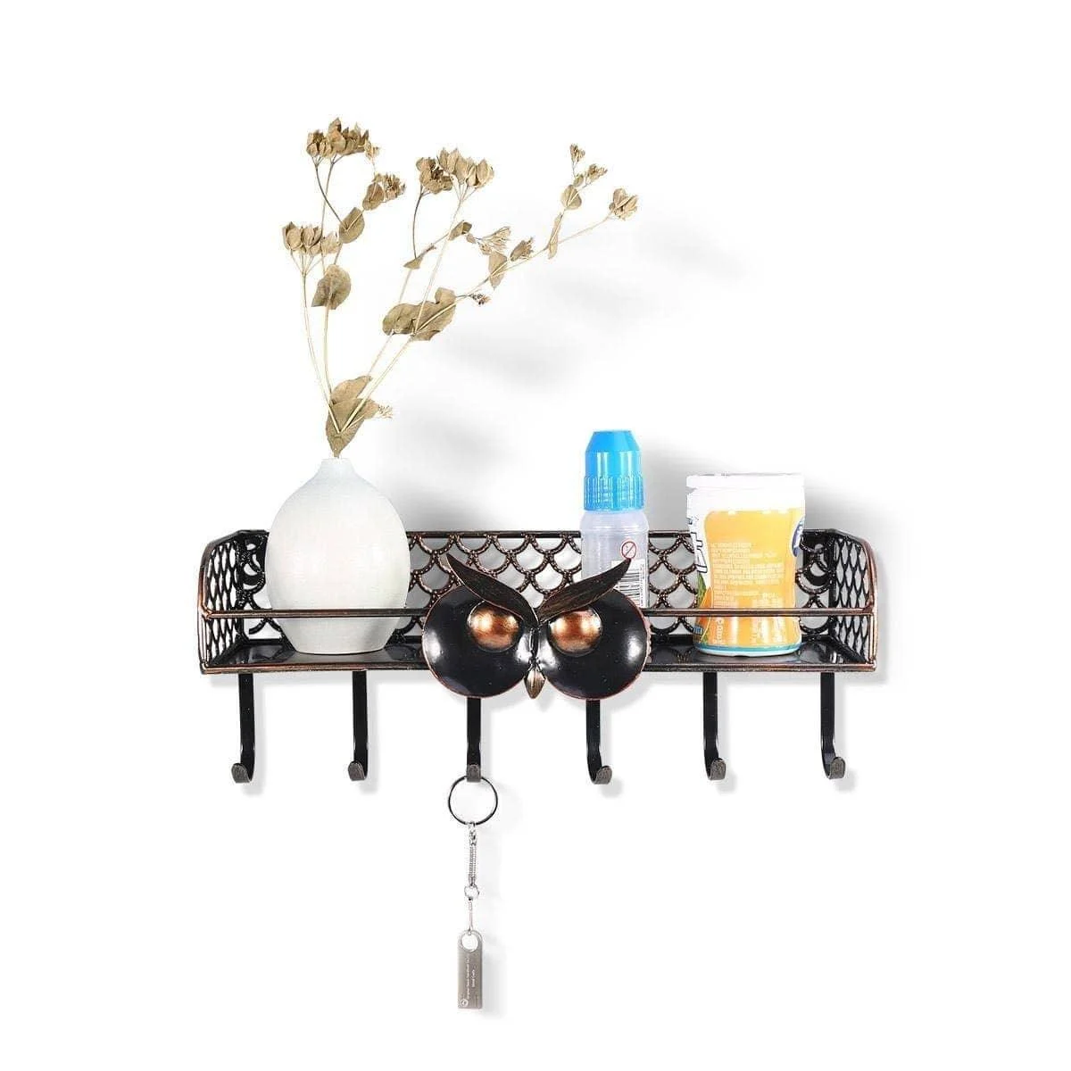 Owl Key Holder Hook Wall Shelf - Whimsical Decor -