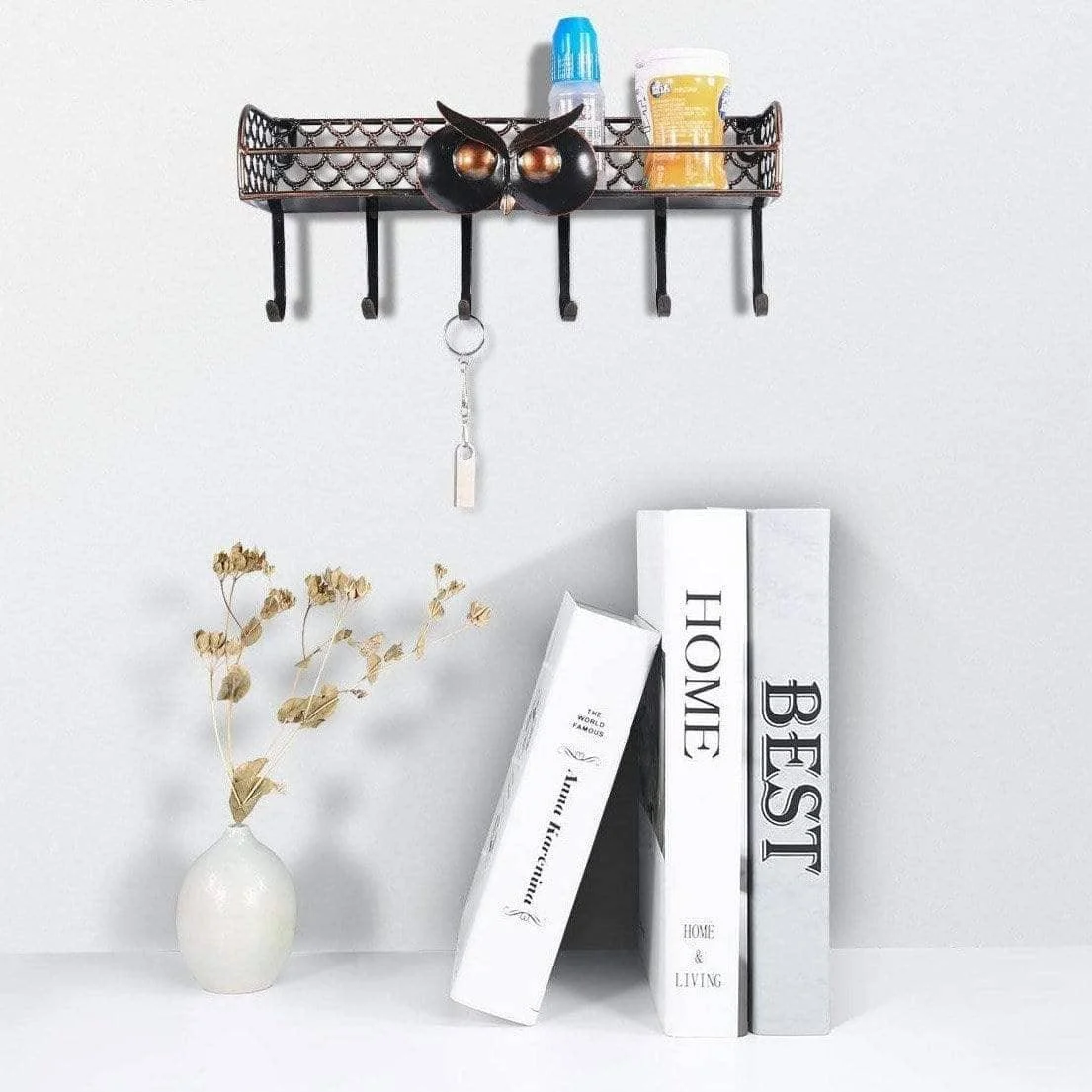 Owl Key Holder Hook Wall Shelf - Whimsical Decor -