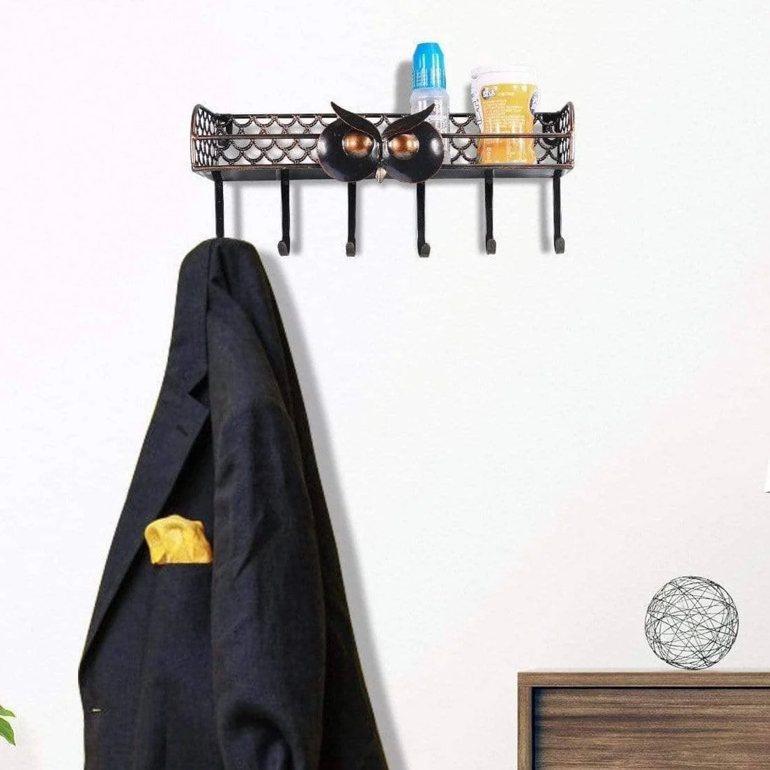 Owl Key Holder Hook Wall Shelf - Whimsical Decor -