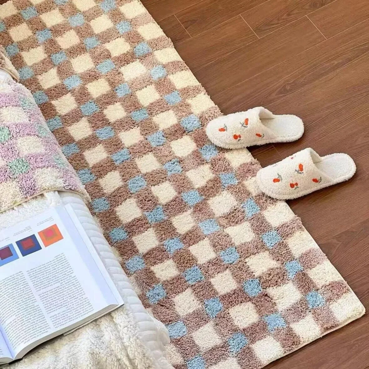 Pastel Tone Checkerboard Bedside Rug -