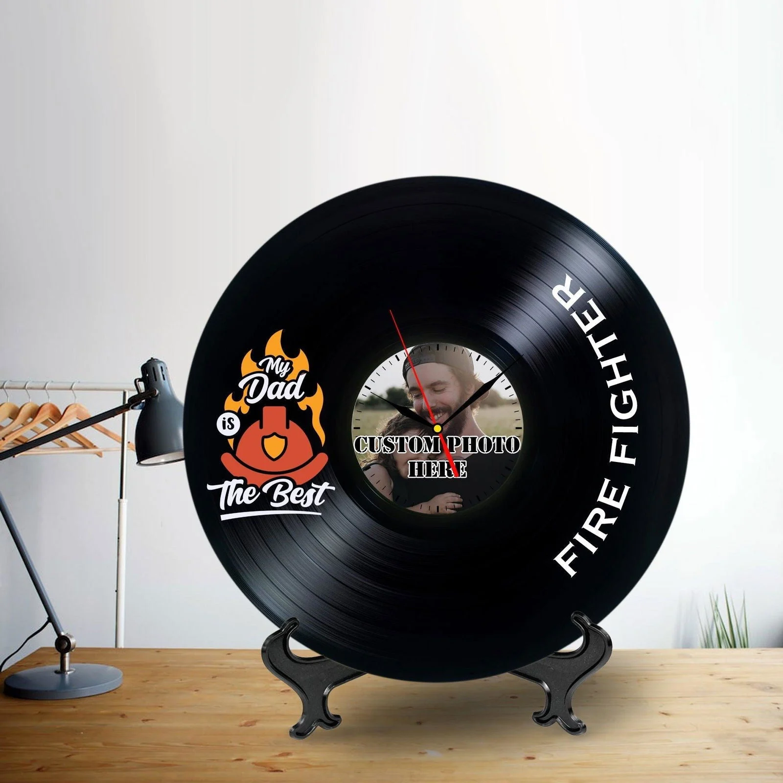 Personalized Gift for Firefighter Dad - Photo Lp Record Clock -