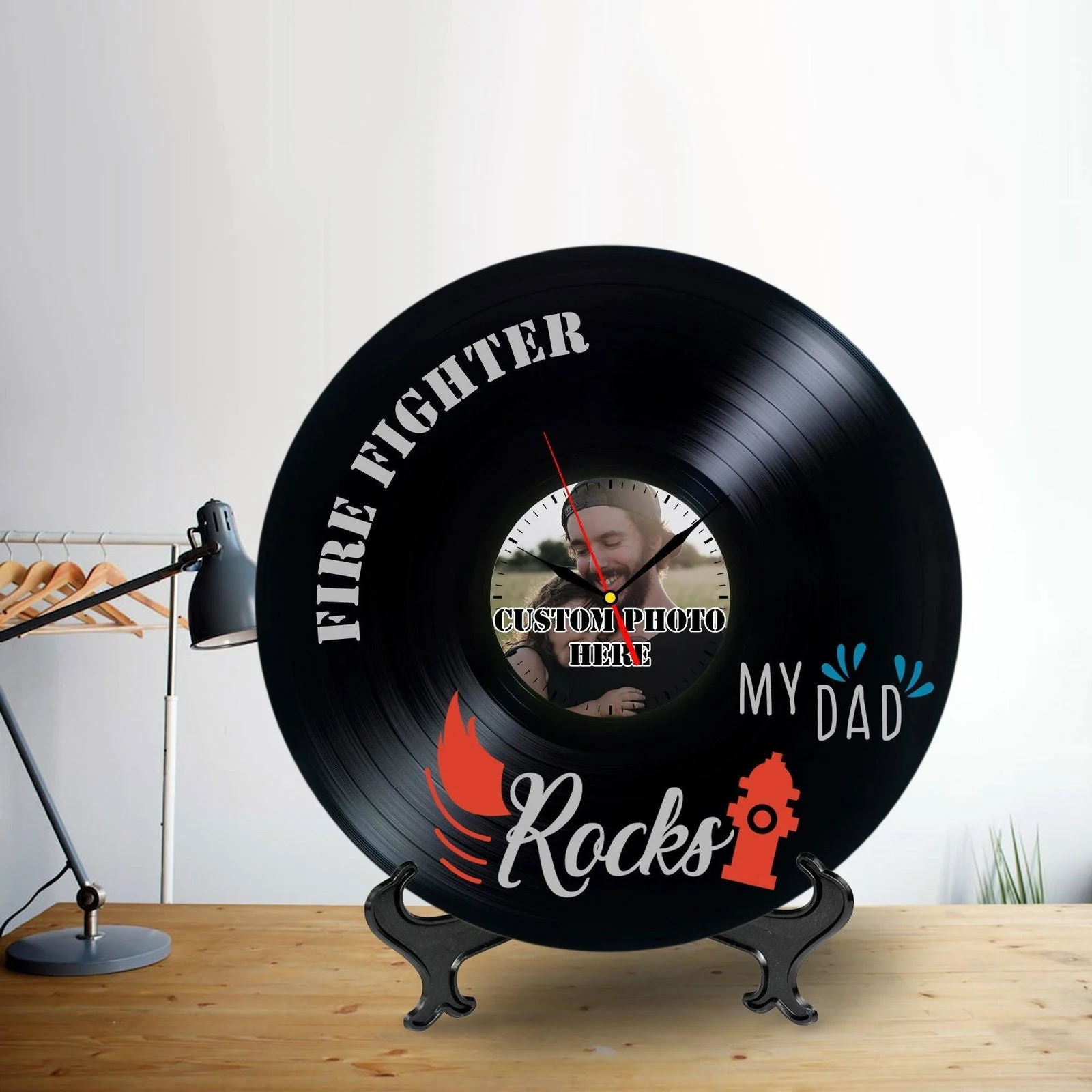 Personalized Photo Lp Record Clock Gift for Firefighter Dad -