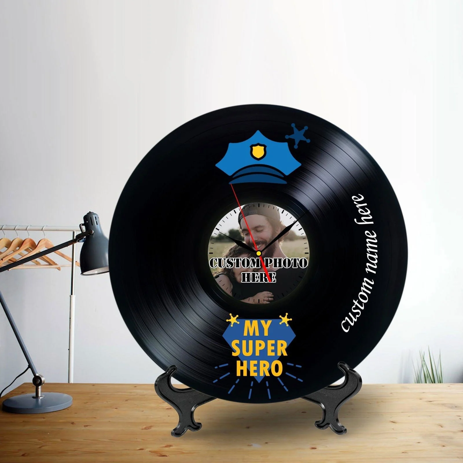 Personalized Photo Lp Record Clock Gift for Policeman Dad -
