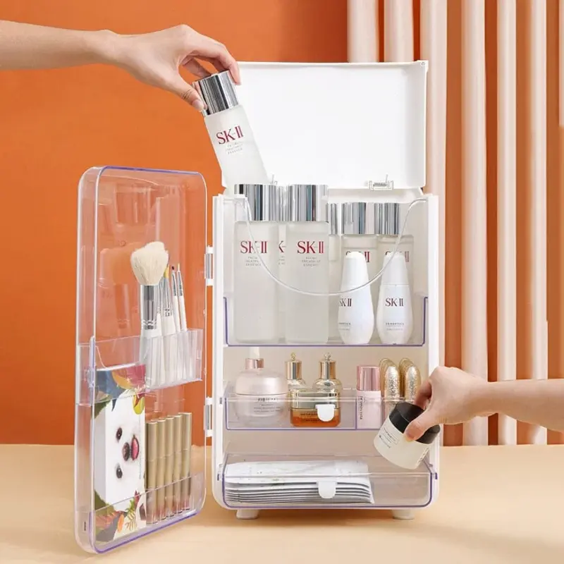 Plastic-Extra-Large-Makeup-Storage-Cabinet-Easy-Top-Front-Open-Cosmetic-Organizer-Box-with-Drawer-for Plastic Extra Large Makeup Storage Cabinet Easy Top Front Open Cosmetic Organizer Box with Drawer for