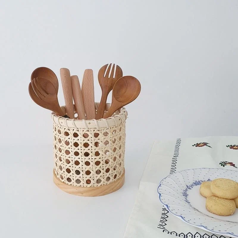 Rattan Chopsticks Storage Handmade Spoon Organizer Holder Pen Pencils Organization Vase Support Home Kitchen Table Decor