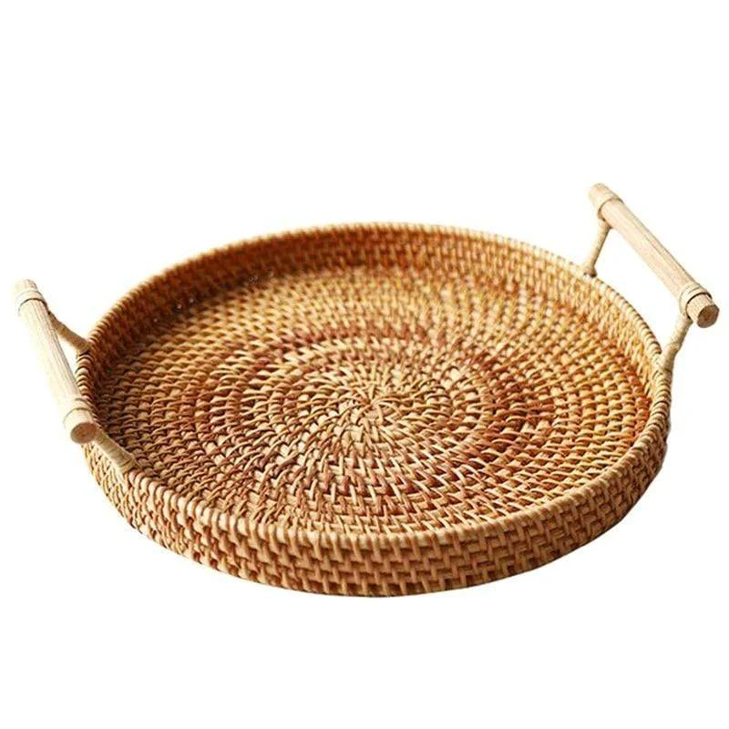 Rattan Storage Tray Round Basket With Handle Hand Woven Rattan Tray Wicker Basket Bread Fruit Food