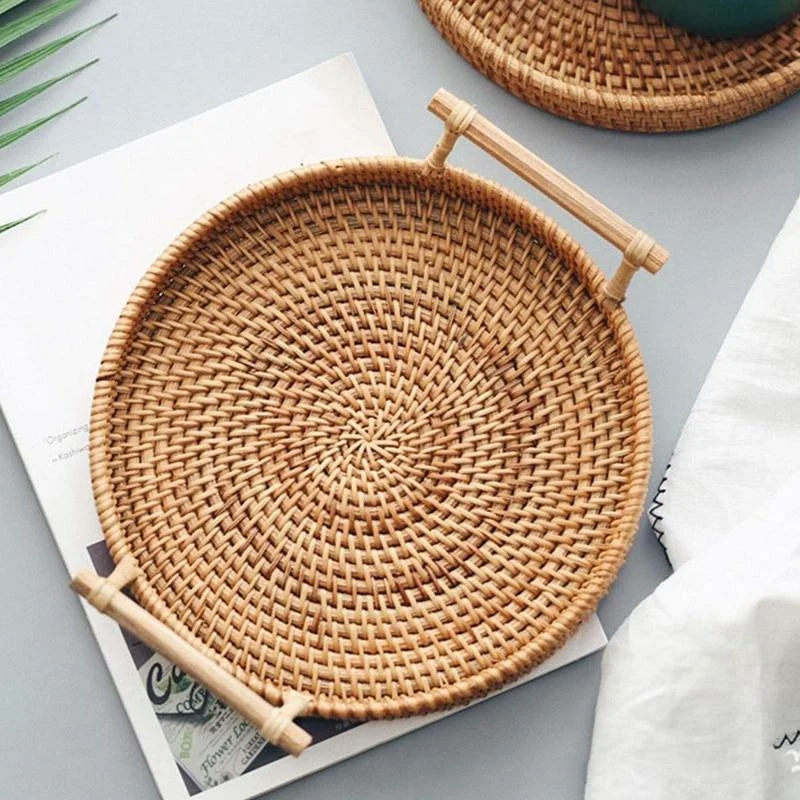 Rattan Storage Tray Round Basket With Handle Hand Woven Rattan Tray Wicker Basket Bread Fruit Food B136eb84 A0b6 4a07 Bb89 9bc3fb9b8573