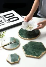 Real Emerald Marble Coaster with Gold Inlay Heat Resistant Decorfaure