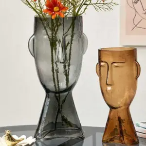 Retro Amber Smoked Gray Glass Abstract Face Vase - ISTANBULLU LTD
