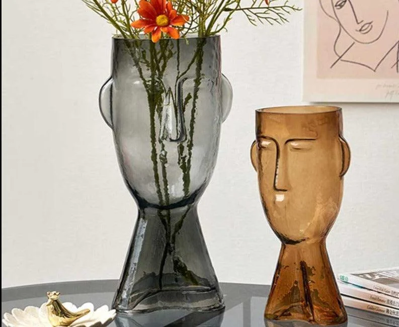 Retro Amber Smoked Gray Glass Abstract Face Vase - ISTANBULLU LTD