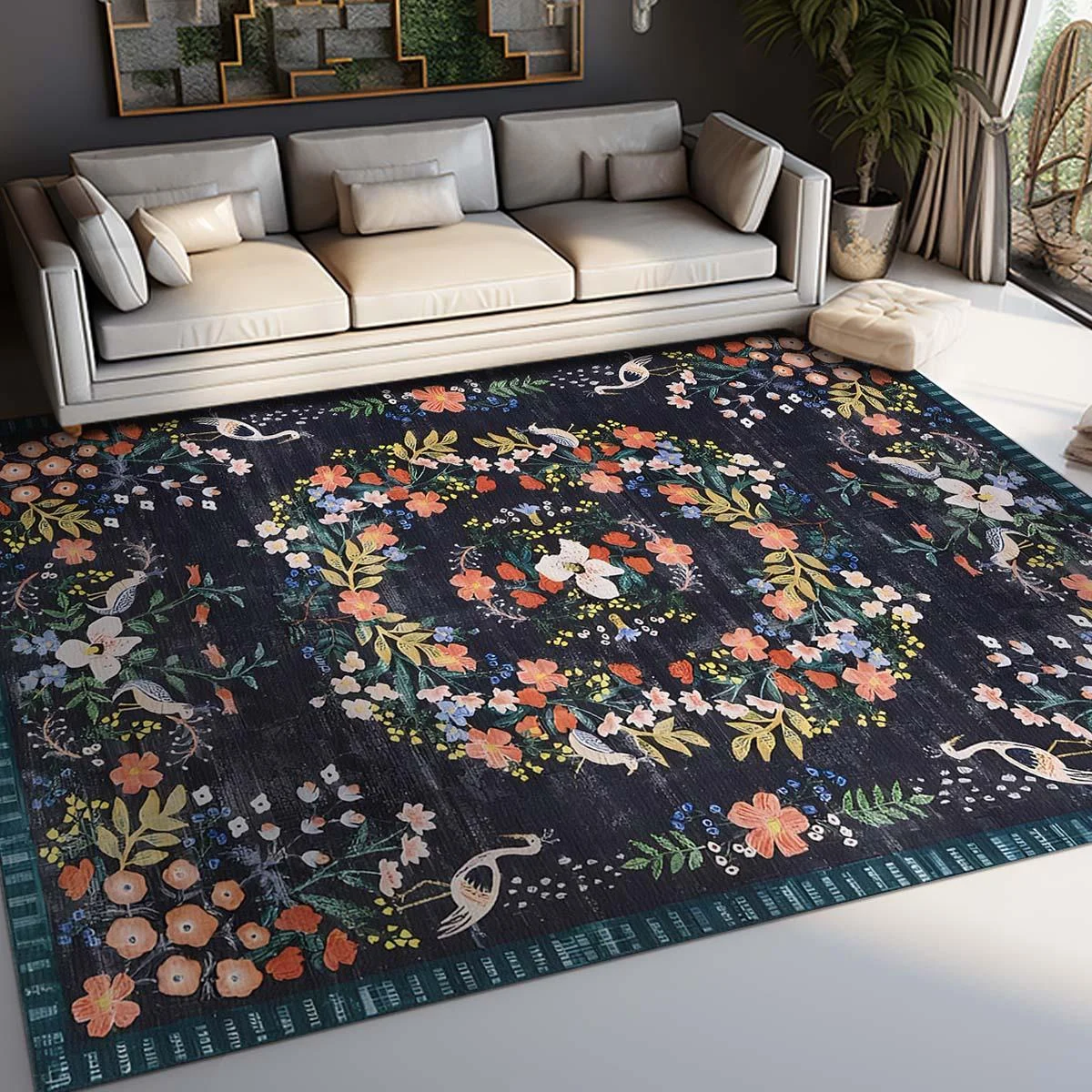 Retro Boho Bird Floral Rug Carpet Large Area Living Room Balcony - Homeko