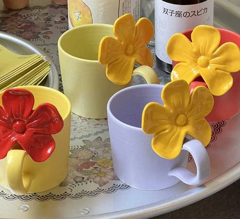 Retro Ceramic Flower Coffee Mugs with Big Flower Handgrid - ISTANBULLU LTD