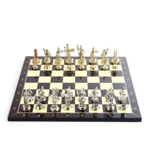 Rome Figures Metal Chess Set with Walnut Patterned Wood Chess Board Sculptures and Statues