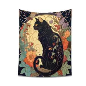 Psychedelic Black Cat Tapestry: Art Nouveau Wall Décor