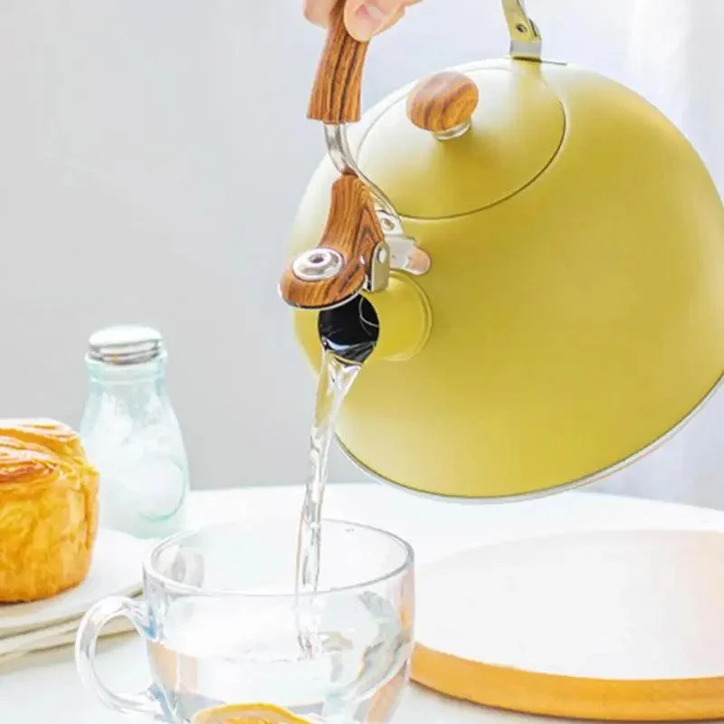 Retro Yellow Whistling Electric Kettle With Wood Ergonomic Handle - ISTANBULLU LTD