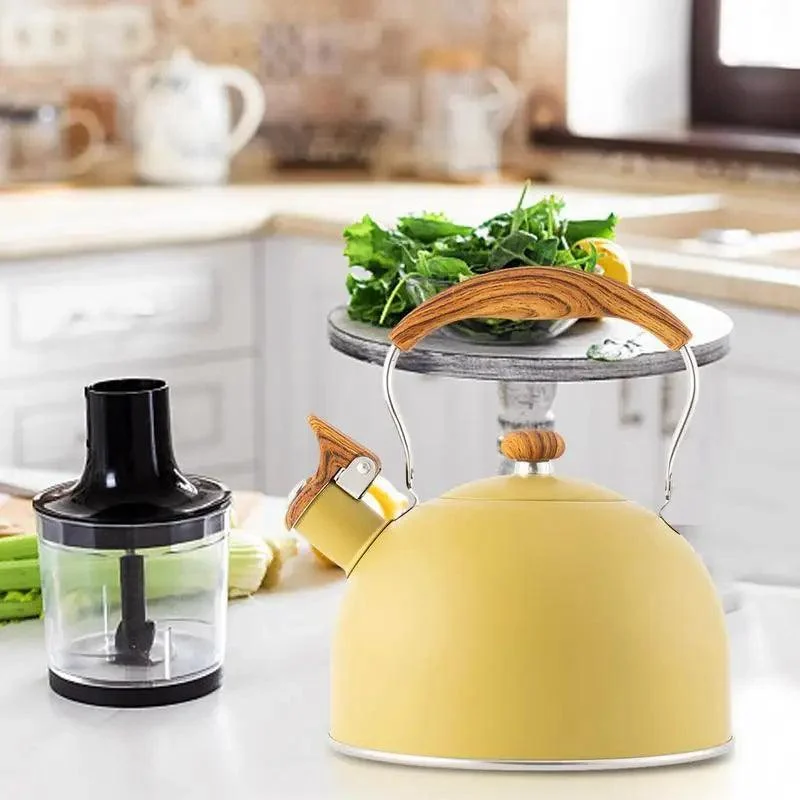 Retro Yellow Whistling Electric Kettle With Wood Ergonomic Handle - ISTANBULLU LTD