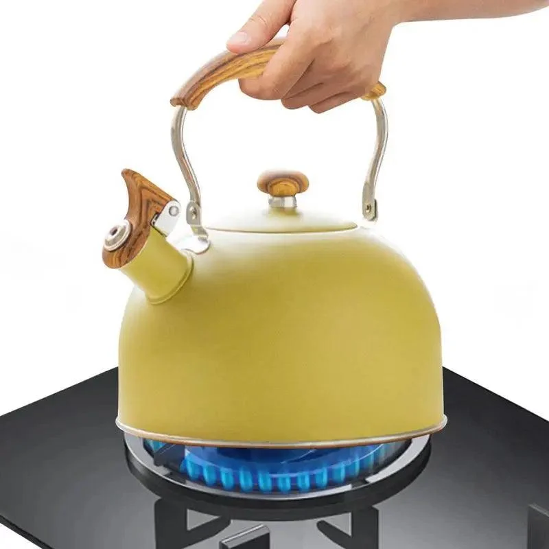 Retro Yellow Whistling Electric Kettle With Wood Ergonomic Handle - ISTANBULLU LTD