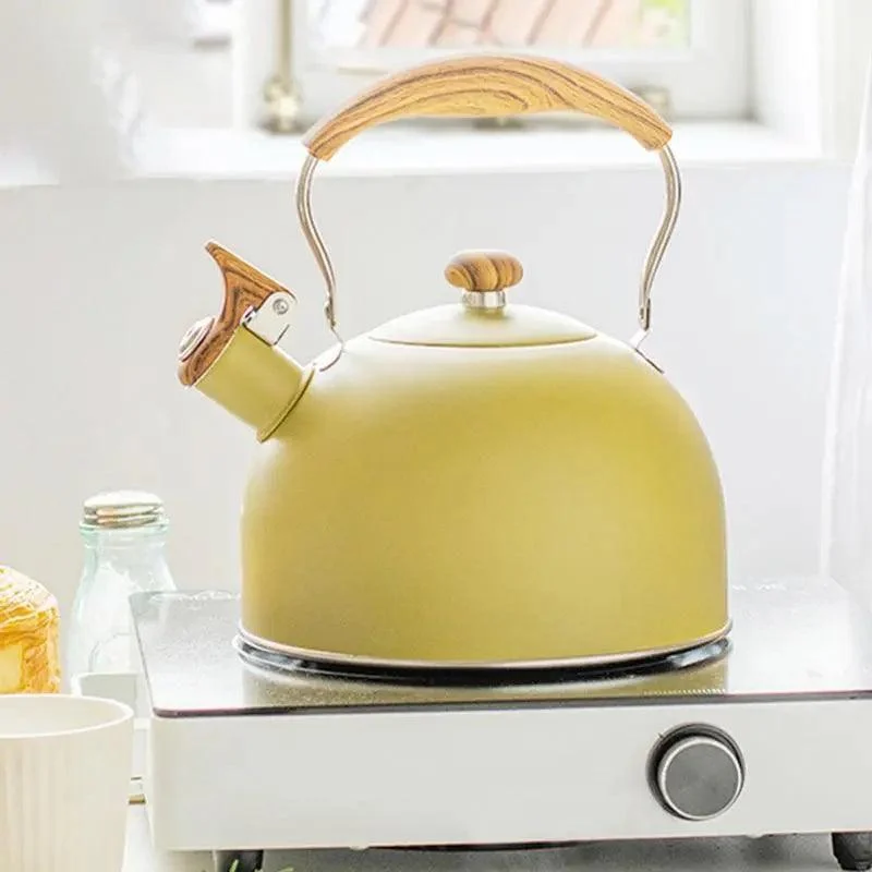 Retro Yellow Whistling Electric Kettle With Wood Ergonomic Handle - ISTANBULLU LTD