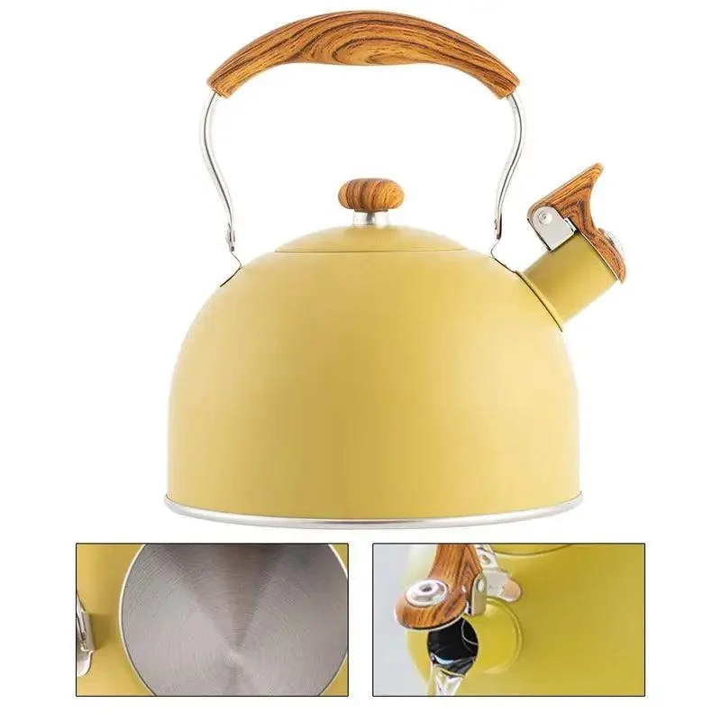 Retro Yellow Whistling Electric Kettle With Wood Ergonomic Handle - ISTANBULLU LTD