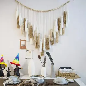 Tapestry with wooden bead tassel | Handmade woven wall decoration