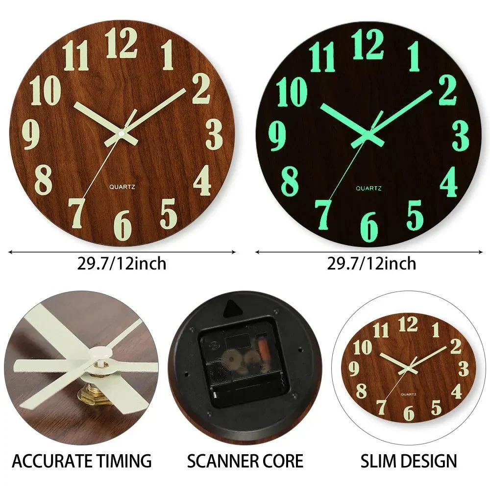 Silent Wooden Luminous Wall Clock - Homeko