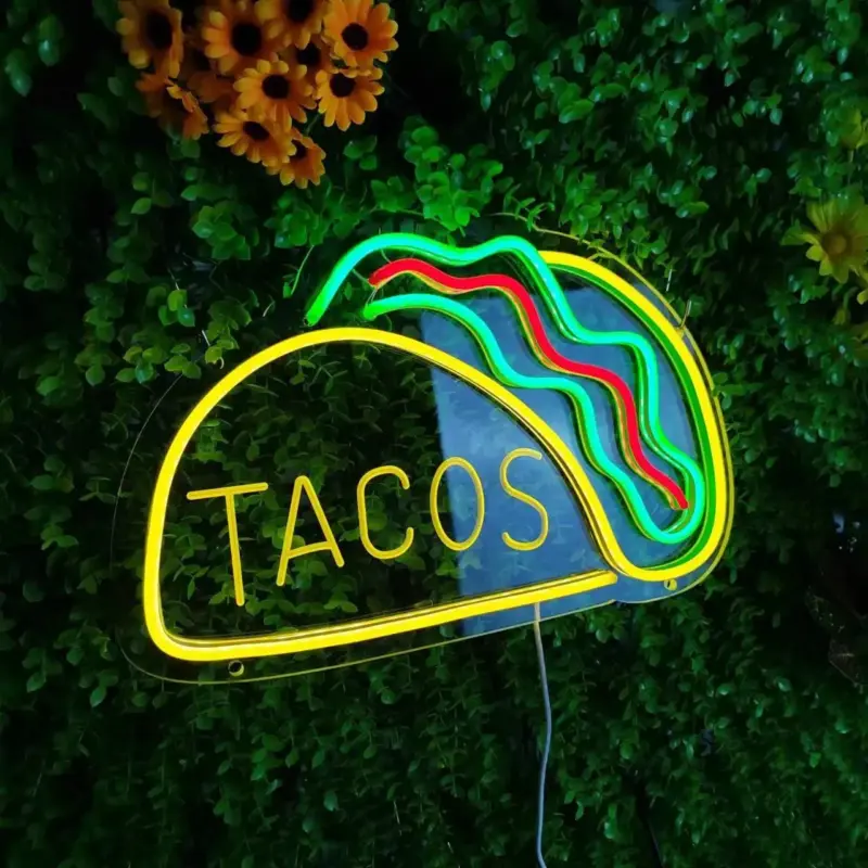 Tacos Hamburger Pizza Hot Dog Neon Sign Night Light Burger Wall Hanging LED Restaurant Burger Shop