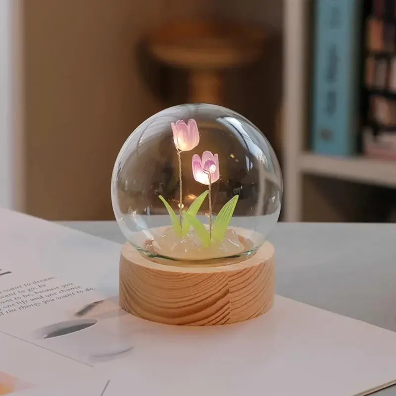 Tulip Flower Night Light With Glass Cover Handmade DIY Bedside Light LED Night Lamp Table Desk 14886d98 eb39 4641 b5e8 2f11a28ec8c2