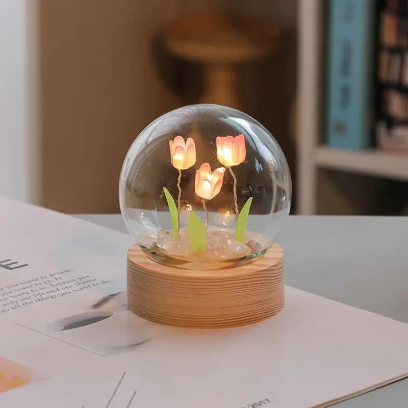 Tulip Flower Night Light With Glass Cover Handmade DIY Bedside Light LED Night Lamp Table Desk 1c7e064c ae31 431d adf6 1c7c8097868e