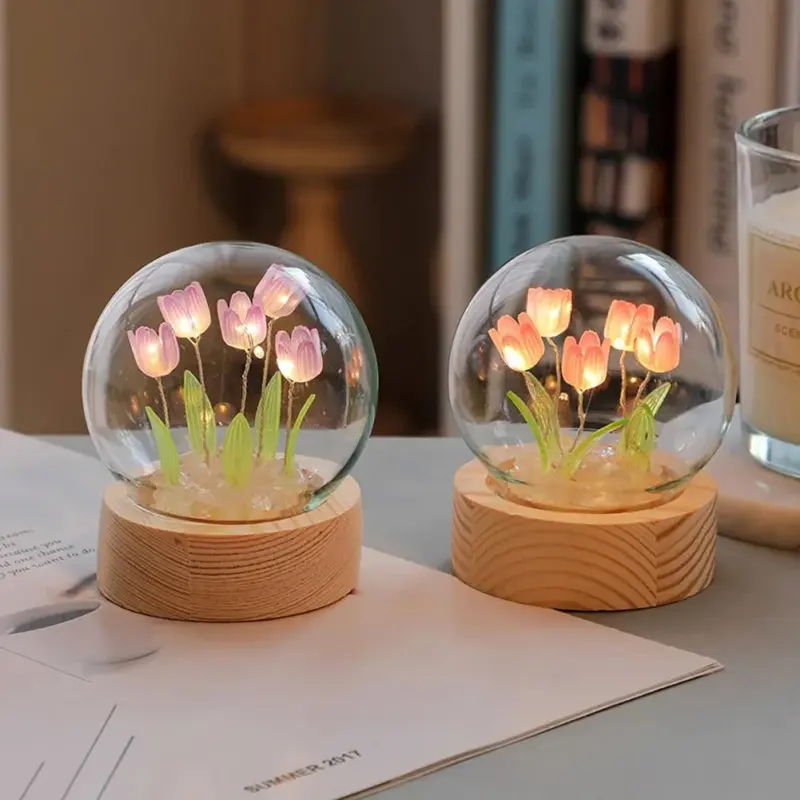 Tulip Flower Night Light With Glass Cover Handmade DIY Bedside Light LED Night Lamp Table Desk dcd28a81 76b0 4d03 9530 b6b2751853e5