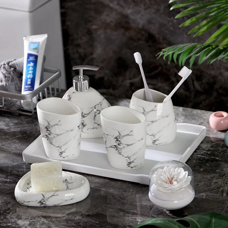 Wedding Gift Nordic Marble Texture Ceramic Bathroom Accessories 7pcs Set Soap Dispenser Toothbrush Holder Melamine Tray