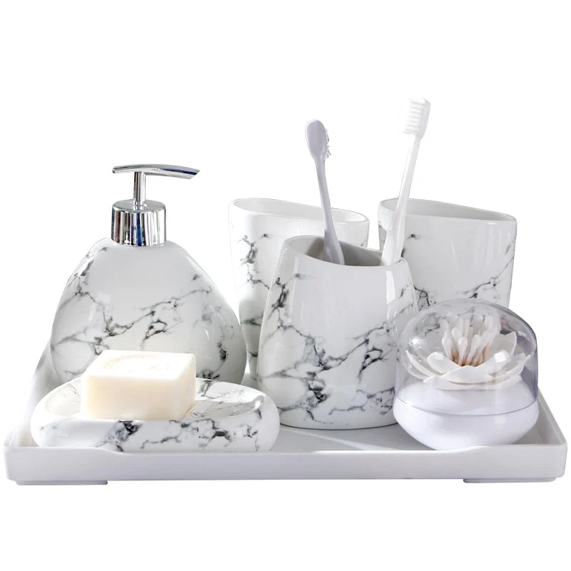 Wedding Gift Nordic Marble Texture Ceramic Bathroom Accessories 7pcs Set Soap Dispenser Toothbrush Holder Melamine Tray F25856c4 2bea 4c1c Afbd Db46272abd32