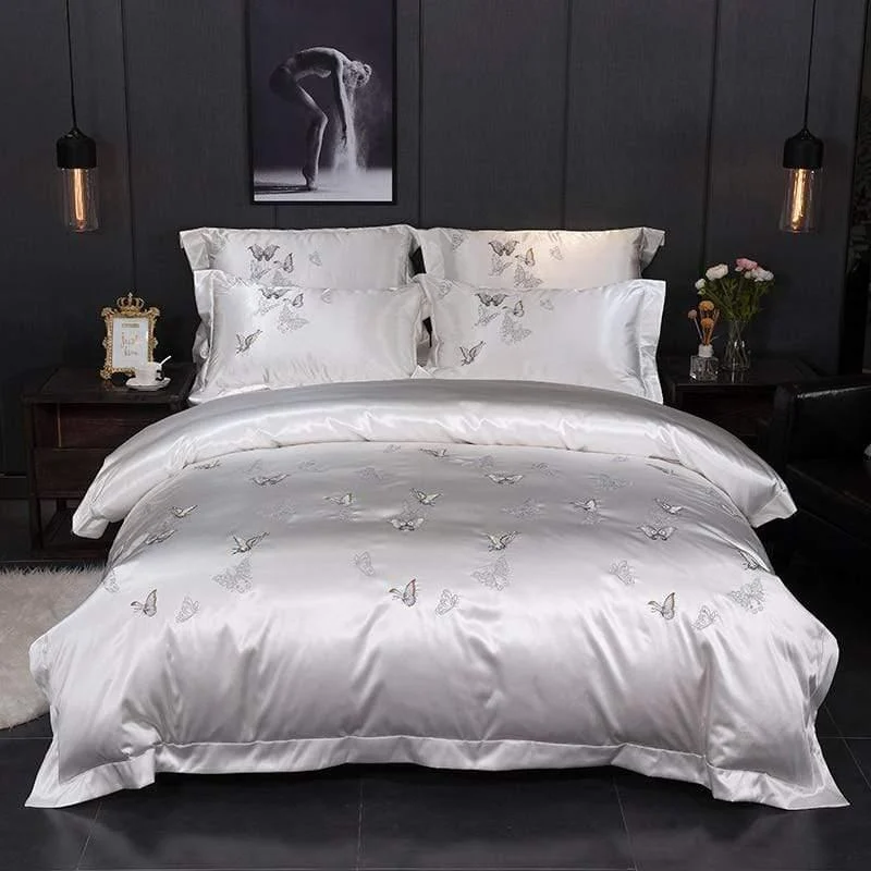 White Silver Silk Cotton Luxury Butterfly Bedding Set 4pcs Queen King Size Bed Set Embroidery Duvet