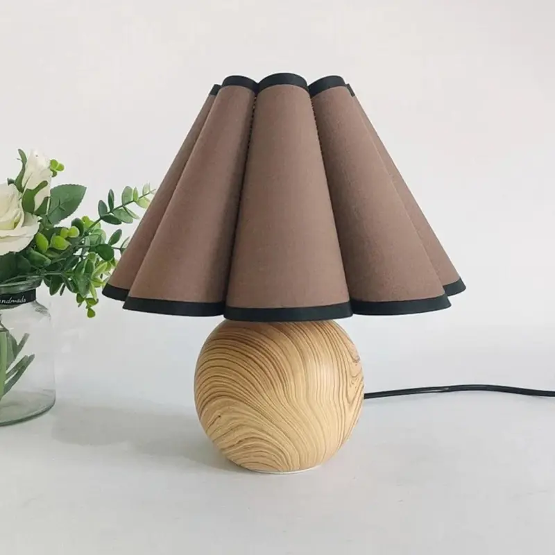 WhiteBrownWoodenLampFabricLightingBedsideNightstand Homeko1