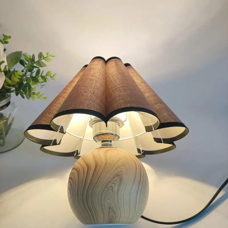 WhiteBrownWoodenLampFabricLightingBedsideNightstand Homeko3
