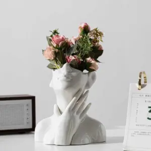 White Ceramic Hands on Face Vase For Pampas - ISTANBULLU LTD