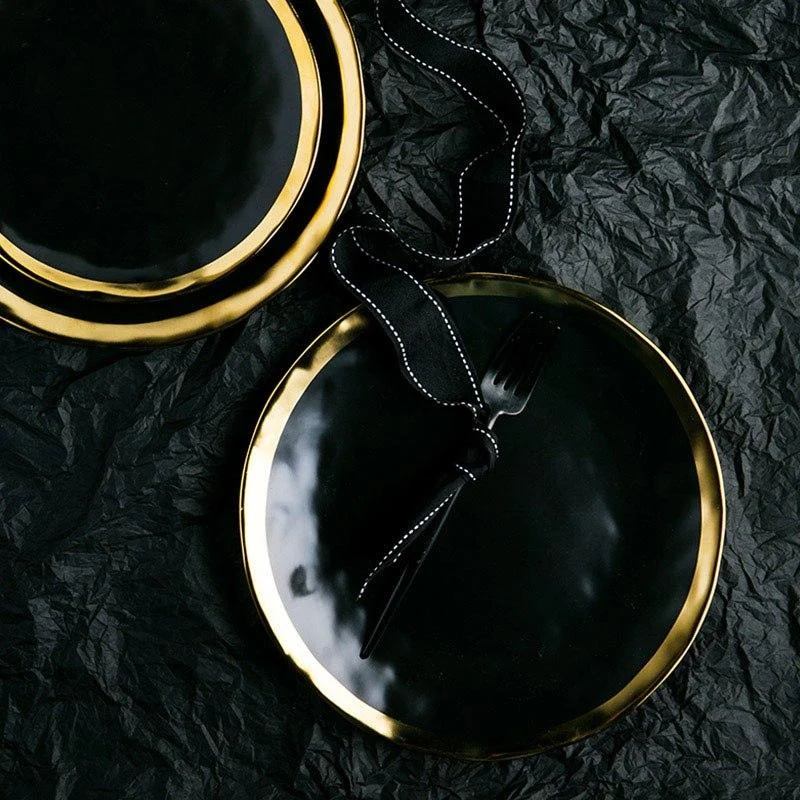 Yilala Plate Dinner Dishes Ceramic Tableware Black Solid Color Plates Dish Porcelain Round Shape Dinnerware 2