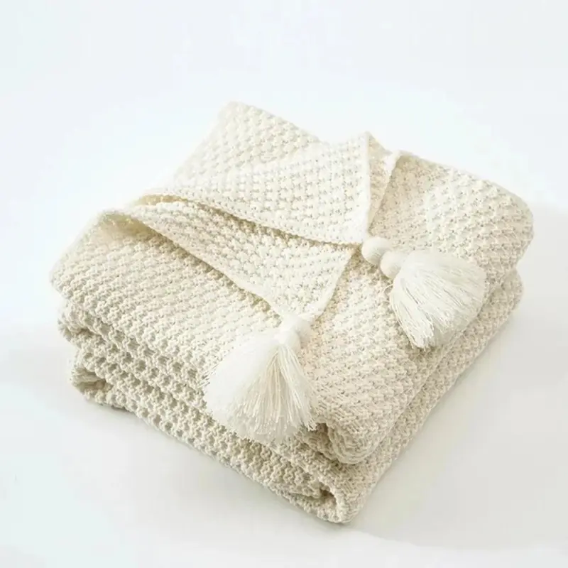 Cosy woollen knitted tassel sofa blanket