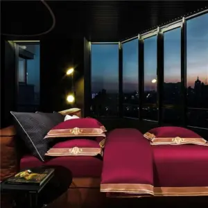 Homeko Red Embroidered Motif Border Egyptian Cotton Bedding Set