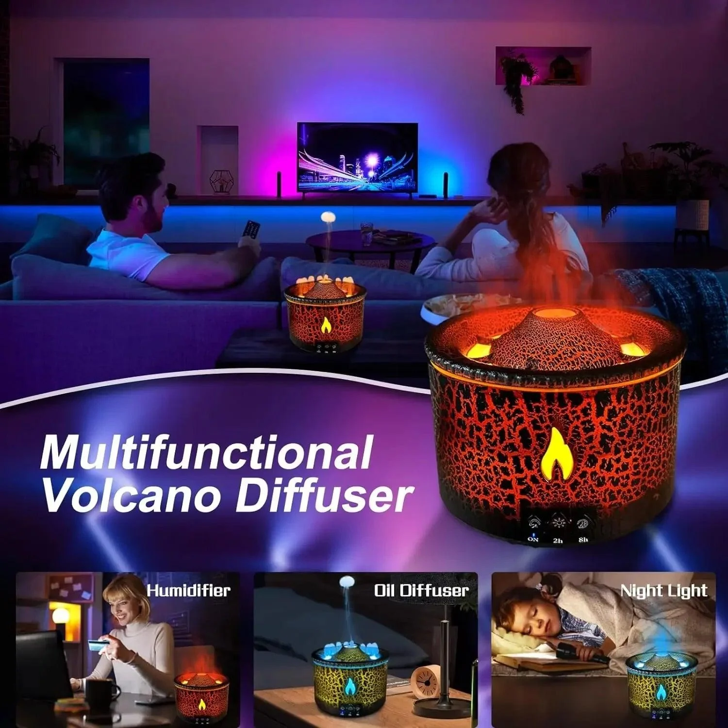 Euz4volcano Flame Air Humidifier Light Ultrasonic Essential Oil Aroma Diffuser For Home Room Fragrance Jellyfish Mist