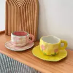 FywiHand painted Flower Ceramic Checkerboard Coffee Cup Home Office Mug With Saucer Breakfast Milk Cup Creative