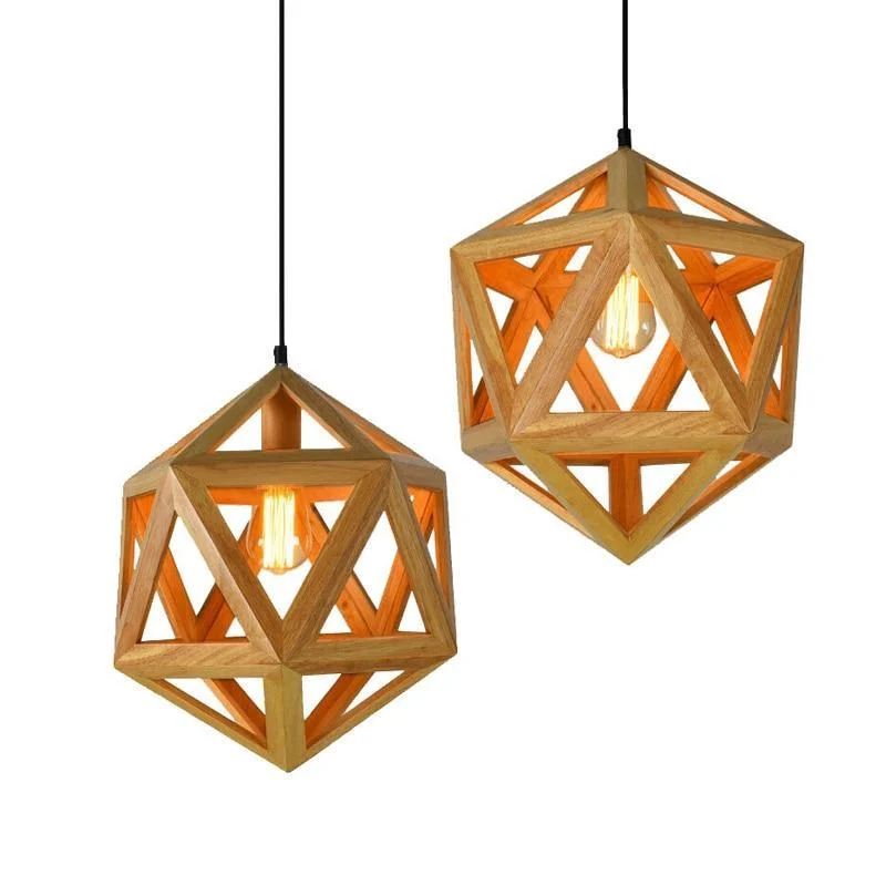 Geometric Solid Wood Pendant Lights With Bulb 300022