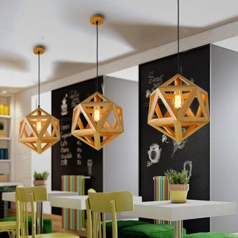 Geometric Solid Wood Pendant Lights With Bulb 318543