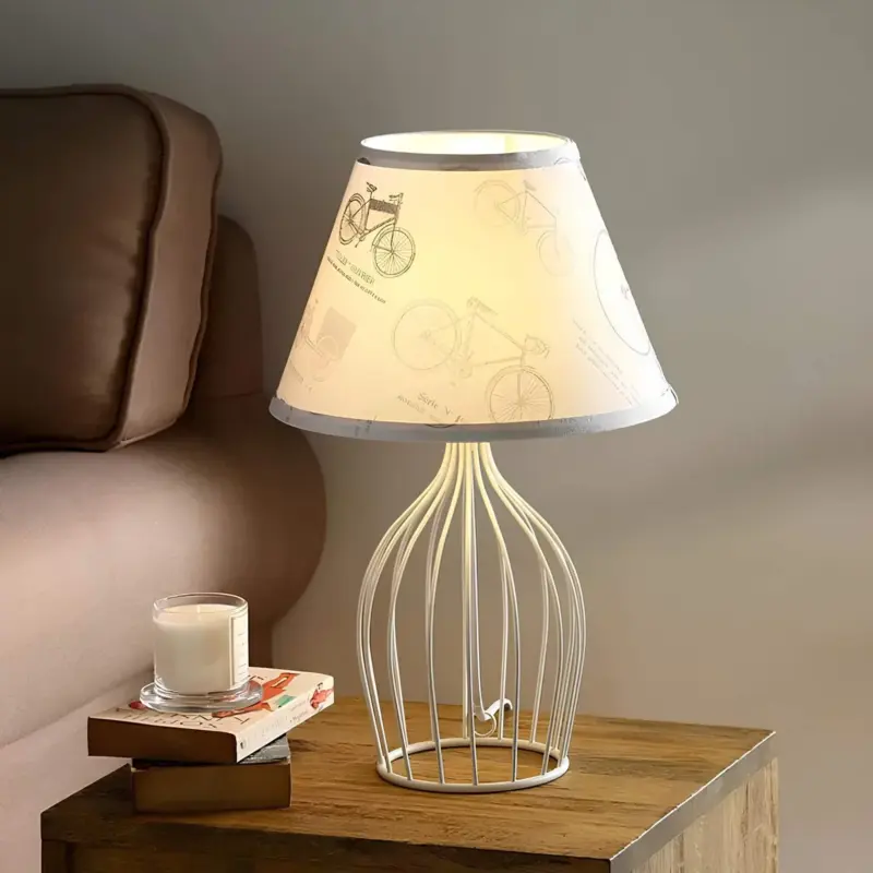 Glolight kegel tischlampe mit drahtfuss metall stoffschirm wohnzimmer buro beleuchtung xlumina3