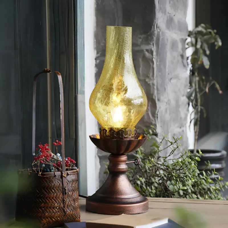 Glowthijs kerosin retro nachttischlampe craykle glas bernstein rauchgrau vintage stil xlumina