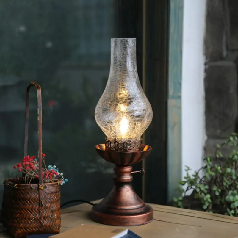 Glowthijs kerosin retro nachttischlampe craykle glas bernstein rauchgrau vintage stil xlumina