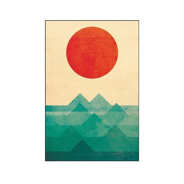 Golden Red Abstract Setting And Rising Sun Canvas With Mountain Unframed 882900