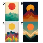 Golden red abstract setting and rising sun canvas with mountain unframed